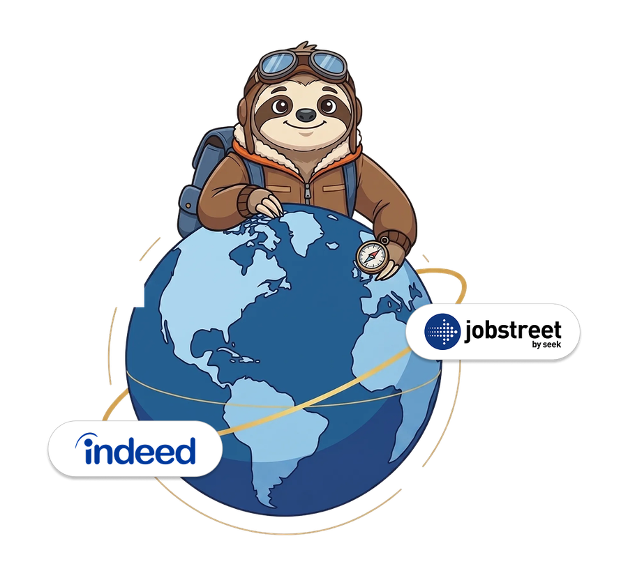 SlothPilot standing on a globe with Indeed and JobStreet