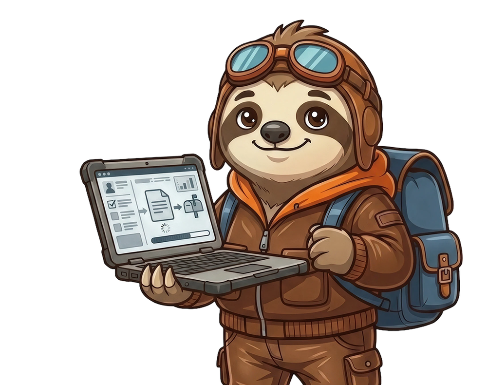 SlothPilot, a sloth in a pilot's jacket, holding a laptop
