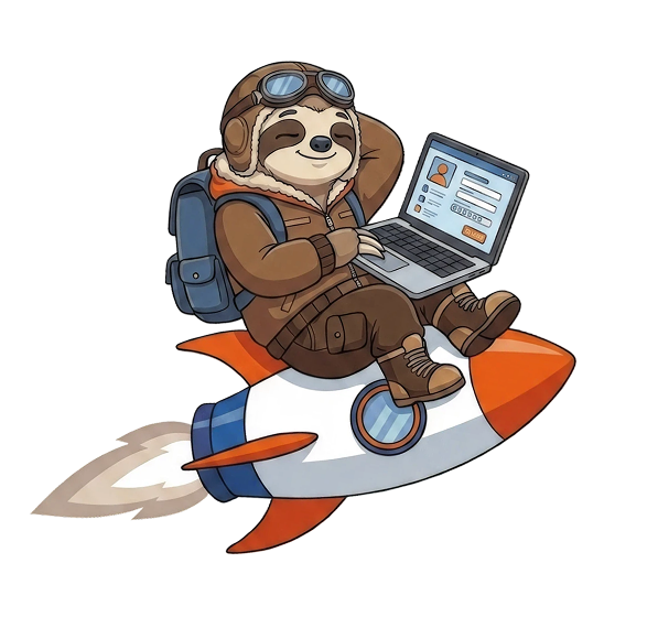 SlothPilot riding a rocket with a laptop